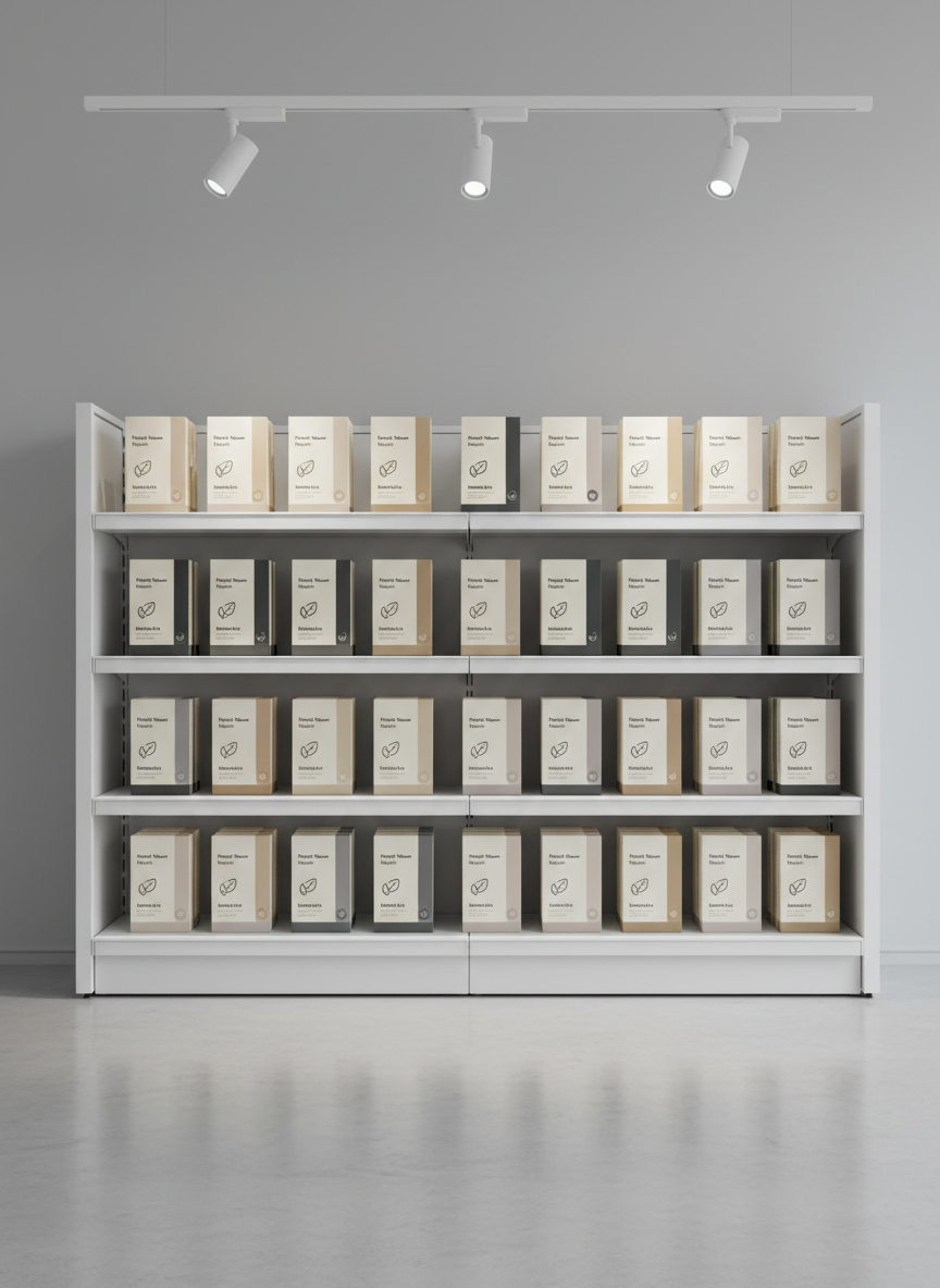 A close-up, photographic view of a meticulously arranged retail shelf mock-up for the Dutch market, filled with unbranded, uniformly designed product packages in neutral tones, each labeled with placeholder Dutch text and simple icons. The shelving is clean white metal with subtle texture, set within a minimalist showroom space with smooth concrete flooring and a soft grey backdrop. Overhead track lighting casts even, bright illumination, creating clear highlights on packaging edges and gentle shadows beneath each item. Shot straight-on with perfect symmetry and sharp focus, the composition feels precise, analytical, and professional, ideal for illustrating assortment planning and negotiation scenarios with Dutch retailers.