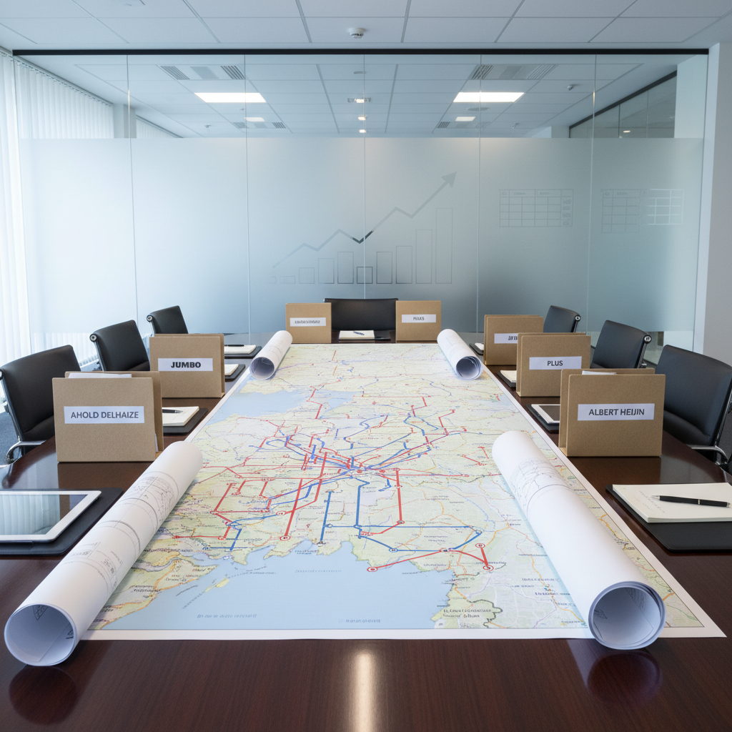 An elegant conference table set for a Dutch retail market entry strategy session, covered with neatly aligned folders labeled with major Dutch retailers, detailed distribution network diagrams, and a large, high-resolution map of the Netherlands with logistics routes highlighted in red and blue. A glass wall in the background features frosted outlines of bar charts and store layouts. Cool, diffused office lighting combines with soft natural light from unseen windows, creating a crisp, professional atmosphere. Captured from a slightly elevated angle with sharp focus throughout, the photographic image feels modern, methodical, and business-focused, conveying structured preparation for retailer negotiations and distribution planning.